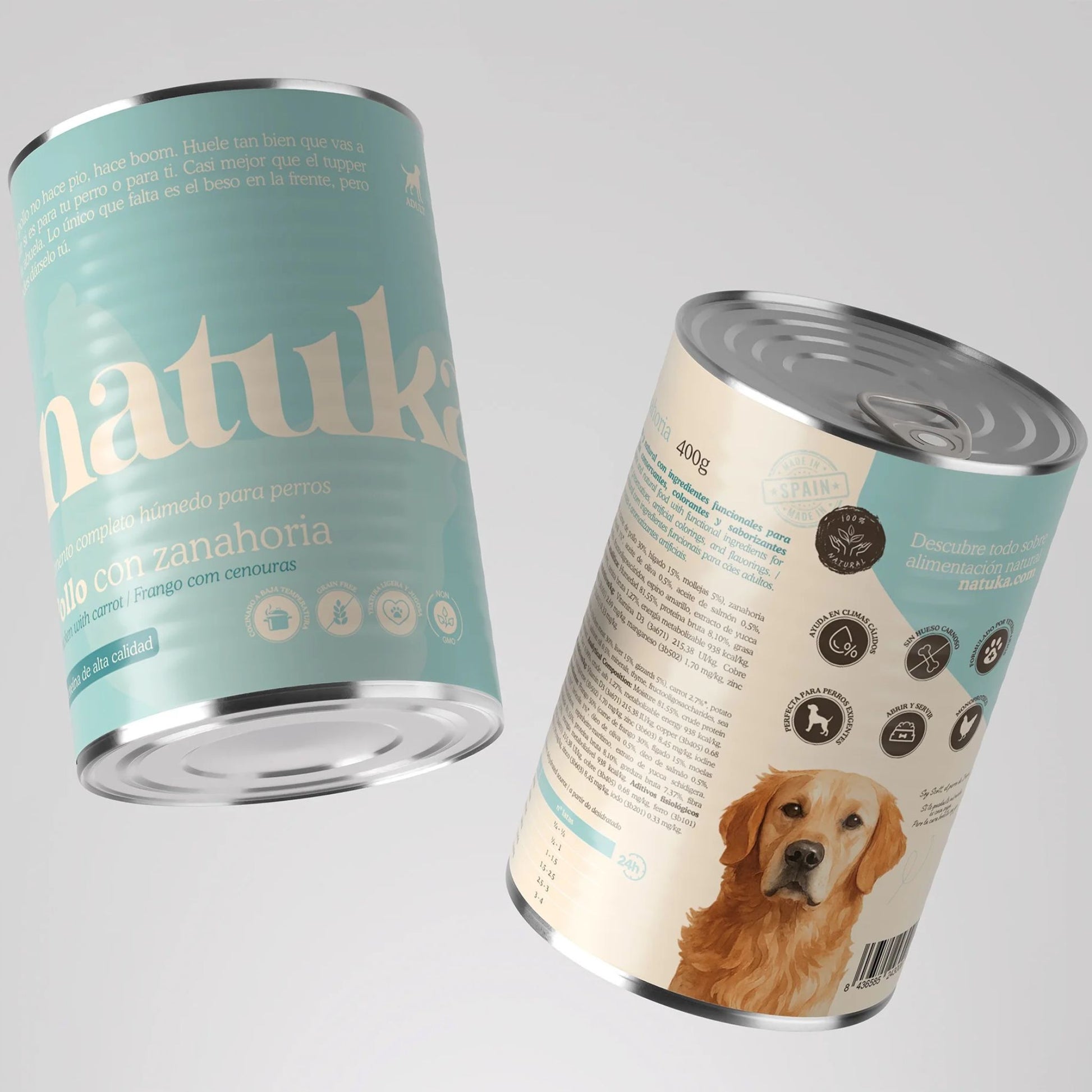 Lata de comida húmeda, monoproteica, completa y sin cereales para perros de la marca Natuka elaborada con pollo.