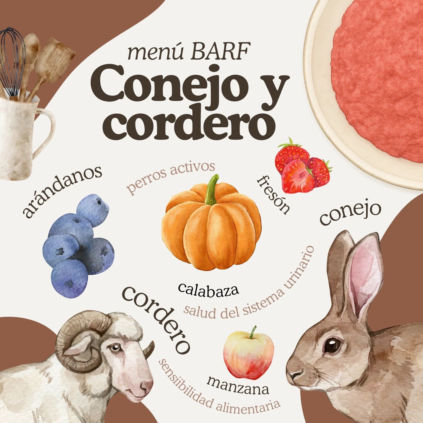 Natuka, menú de alimentación cruda BARF  elaborado conejo y cordero para perros de todas las edades y tamaños