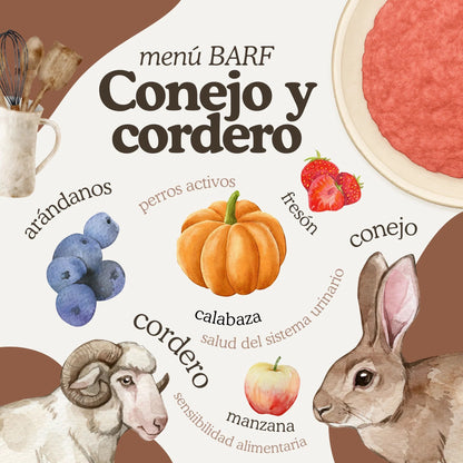 Natuka, menú de alimentación cruda BARF  elaborado conejo y cordero para perros de todas las edades y tamaños