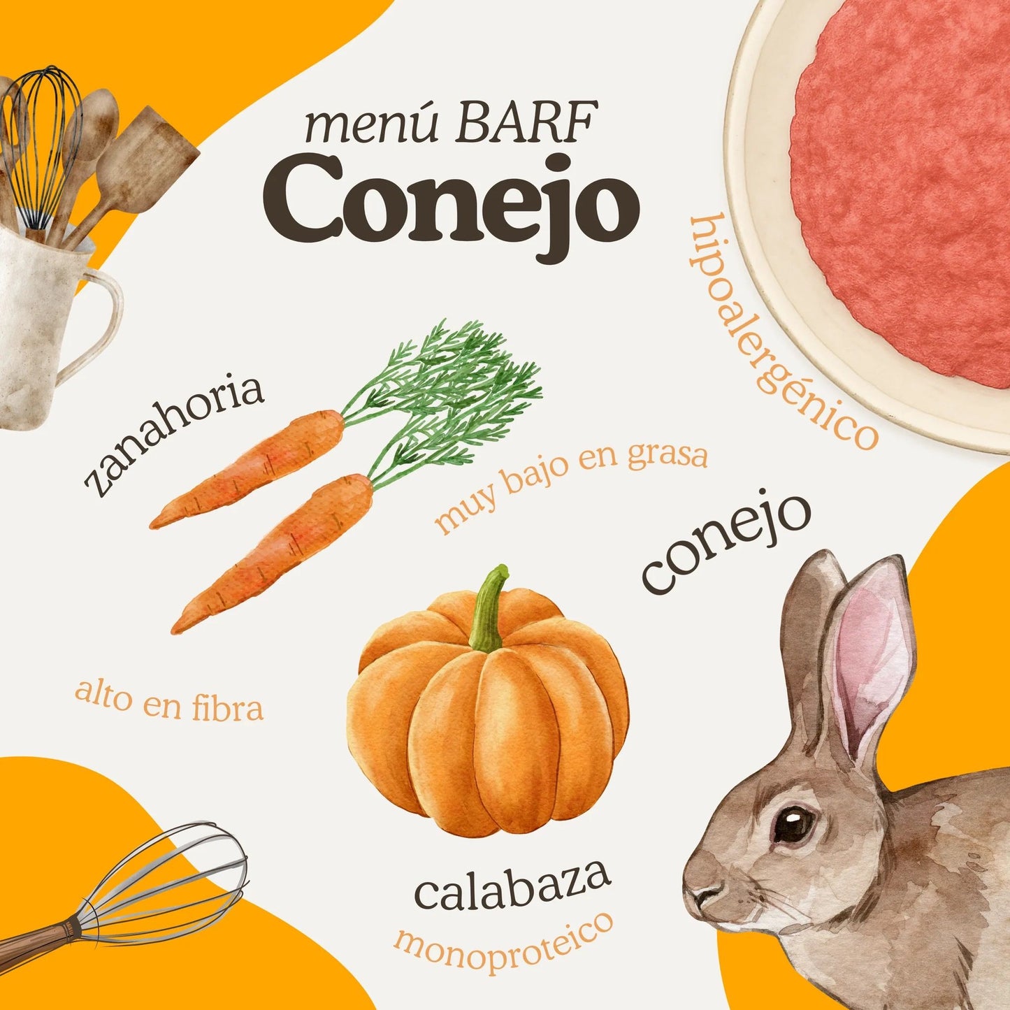 Natuka, menú monoproteico de alimentación cruda BARF elaborado con conejo para perros de todas las edades y tamaños