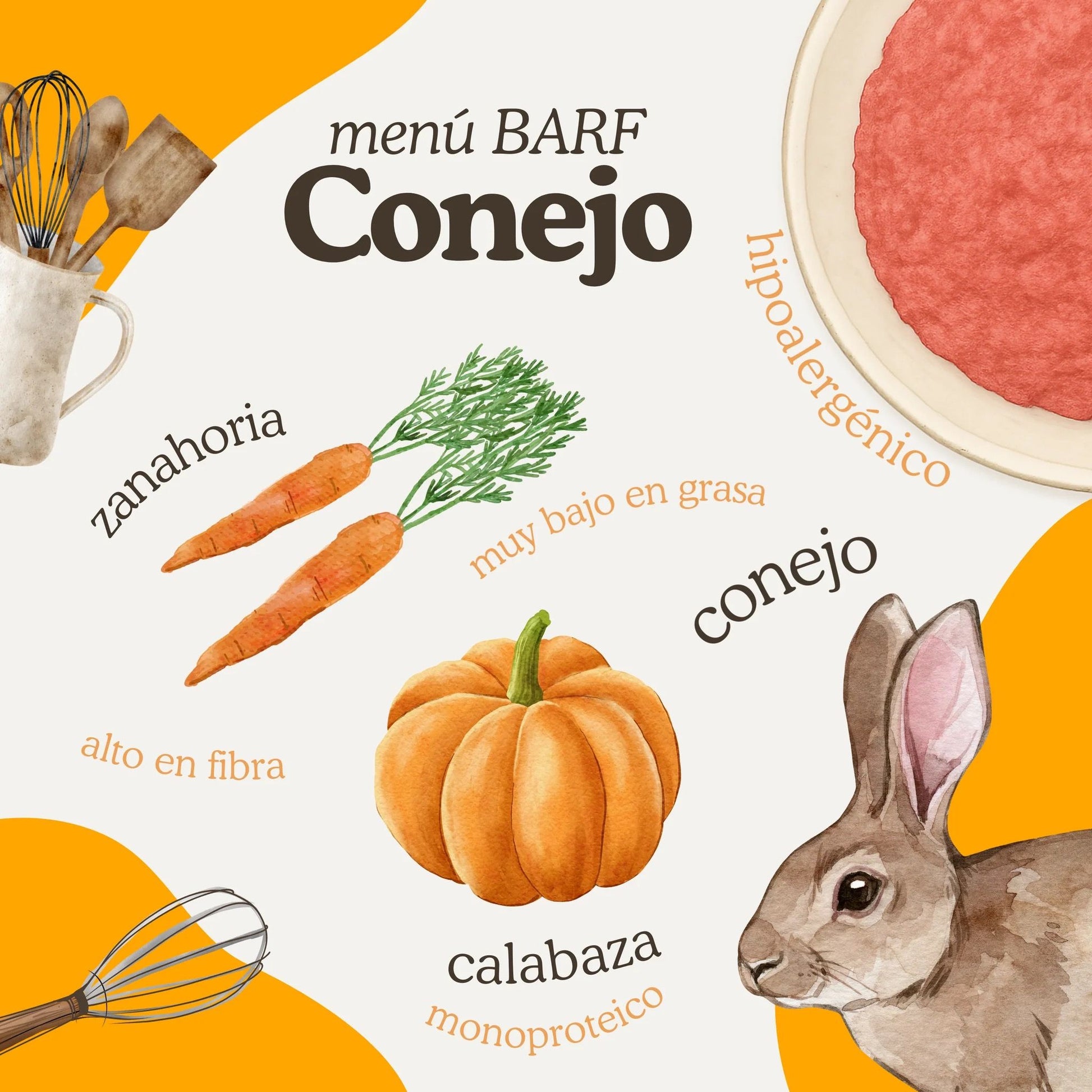 Natuka, menú monoproteico de alimentación cruda BARF elaborado con conejo para perros de todas las edades y tamaños