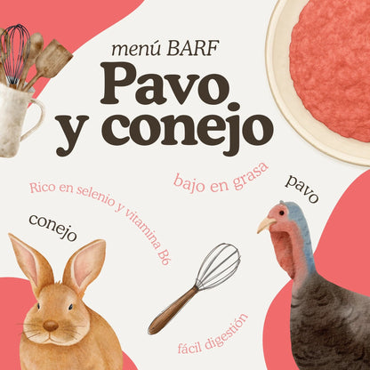 Natuka, comida natural cruda barf, receta de pavo y conejo para gatos de todas las edades.