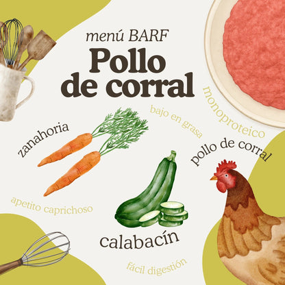 Natuka, menú monoproteico de alimentación cruda BARF elaborado con pollo para perros de todas las edades y tamaños.