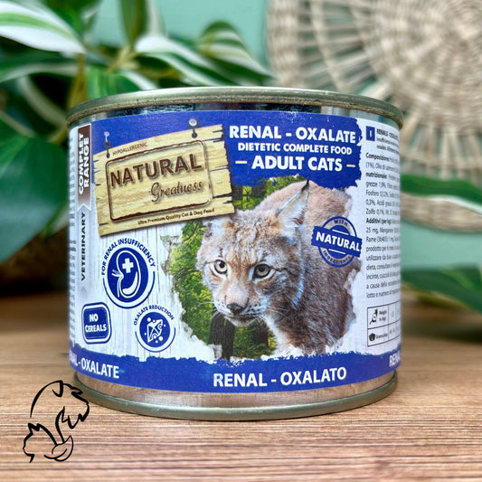 Natural Greatness, lata comida húmeda sin cereales de pollo y vacuno para gatos con problemas renales o cálculos de oxalato