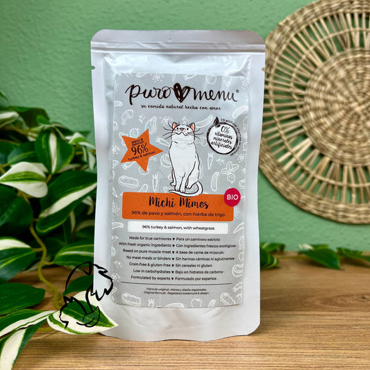 PUROMENU - SOBRE MICHI MIMOS DE PAVO CON SALMÓN BIO PARA GATOS