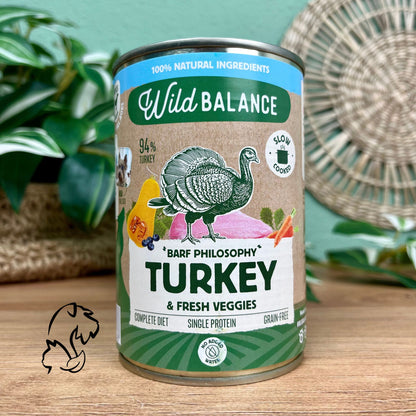 Lata completa de la marca Wild Balance sin cereales y monoproteica de pavo para perros