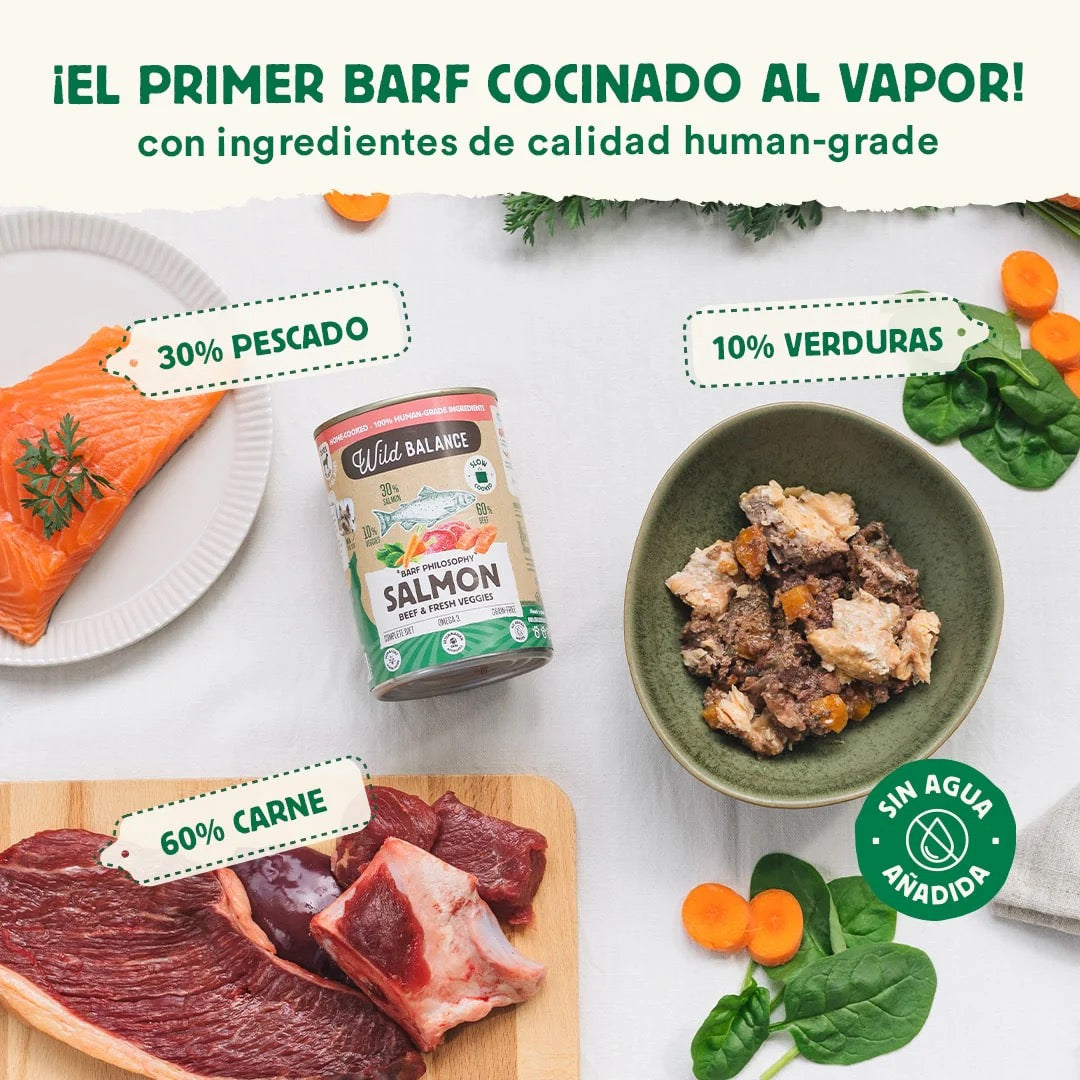 wild balance lata filosofia barf de ternera y salmon para perros