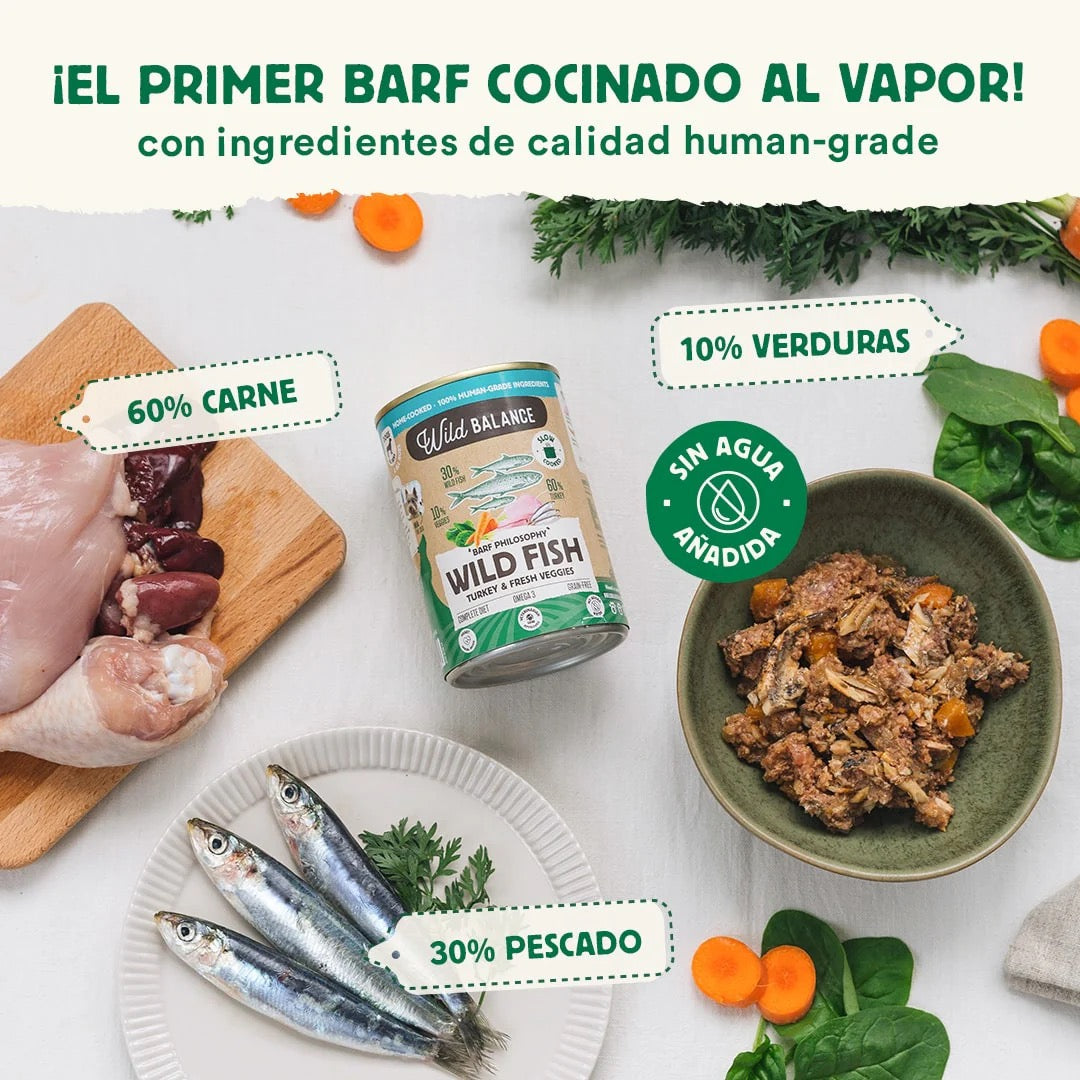 wild balance lata filosofía barf wild fish de pavo y espadines para perros
